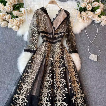 Embroidered Flower A Line Fall Dress Lace Collar Prom Dress 1803