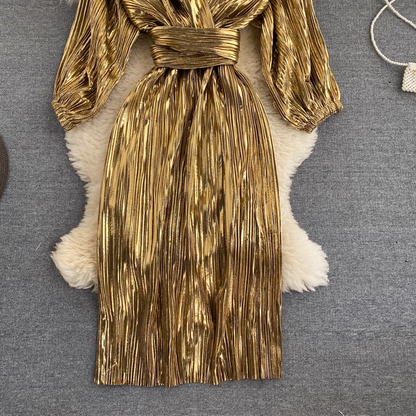 Golden Retro Autumn V-neck Lace Up Dress 1804