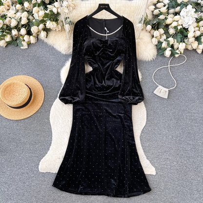 Autumn and Winter Black Velvet Dot French Dress 1878
