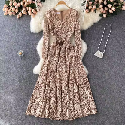 V Neck Autumn Lace Embroidered Floral Dress 1807