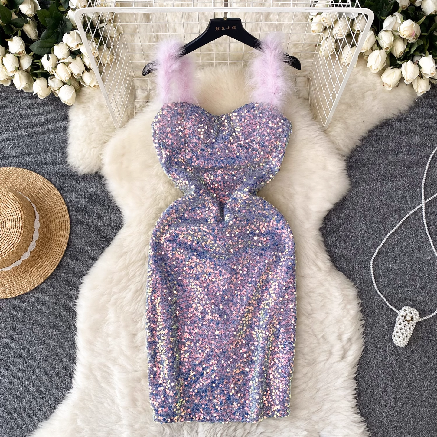 Purple Shiny Sequins Short Dress Feather Straps Homecoming Dress 1861