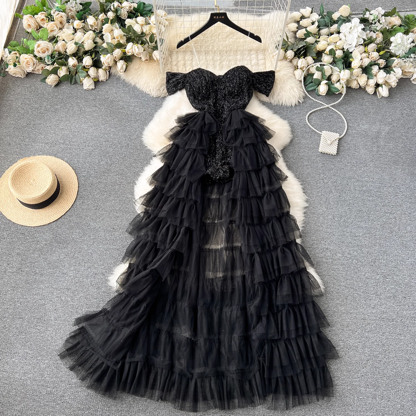 Sequined Mesh Fairy Prom Dress Layered Black Formal Dress 1887