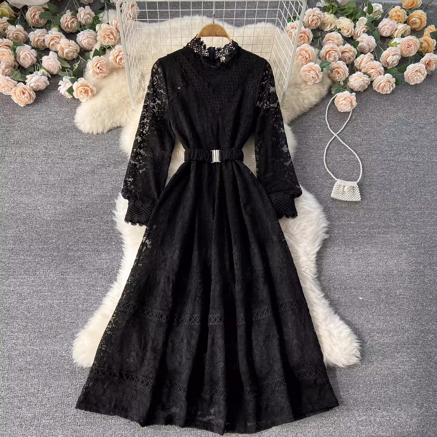 Spring and Autumn Round Neck Lace Embroidered Long Dress Elegant Dress 1852