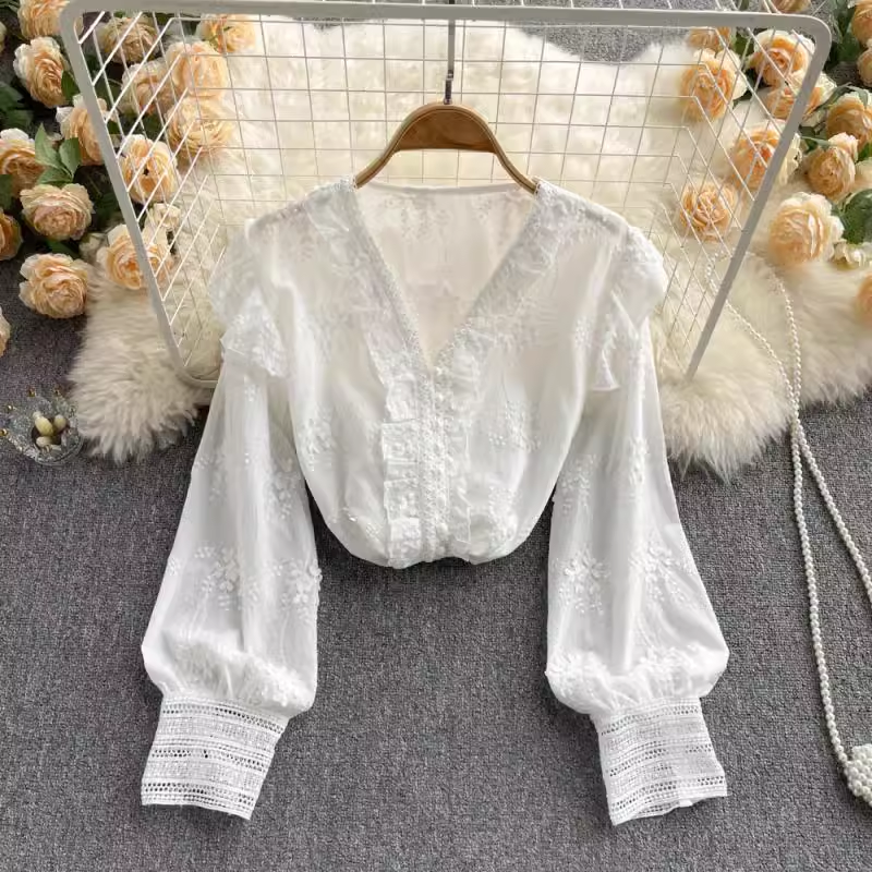 Sweet Embroidered Lace V-Neck French Style Shirt Top 1871