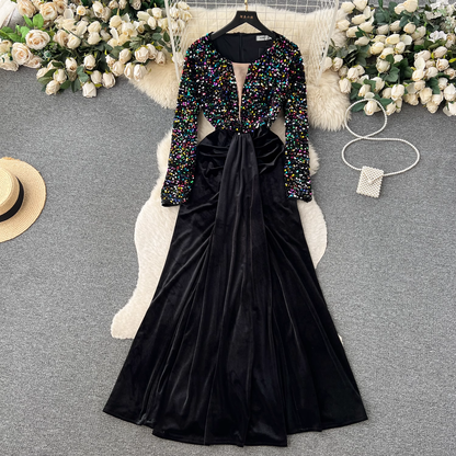 Sequins Long Sleeve Prom Dress Velvet Black Evening Gown 1864