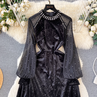 Black Velvet Beaded Dress Sequines  Elegant Dress 1875
