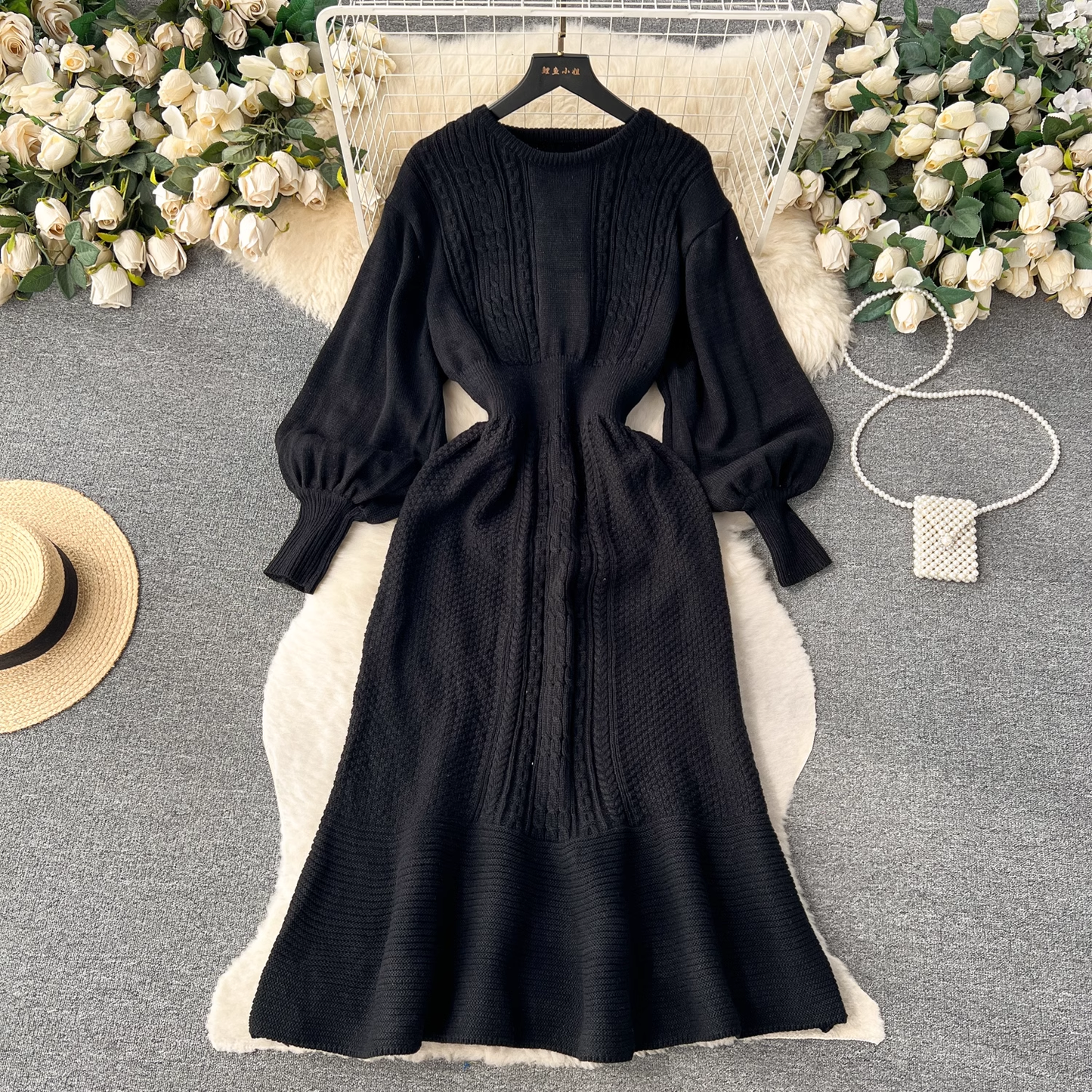 Round Neck Mid-length Autumn and Winter Sweater Knitted Dress 1863