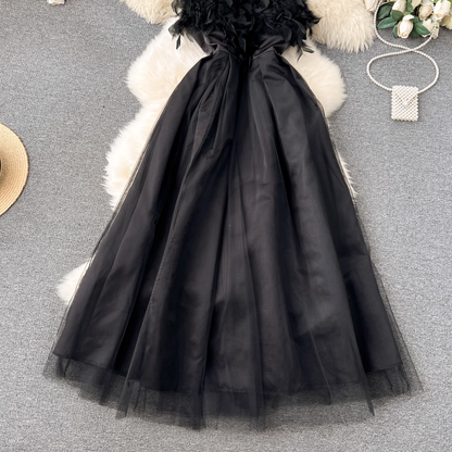 Retro Black Dress Feather Mesh Puffy Spaghetti Strap Long Dress 1884
