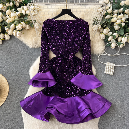 Purple Sequins Ruffled Prom Dress Long Sleeves Evening Gown 1865