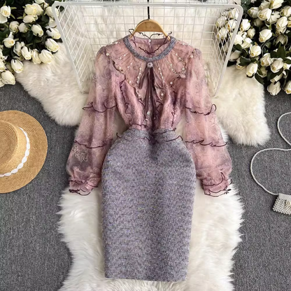 Designed Retro Beaded Lace Short Dress Sweet Longsleeves Dress 1809