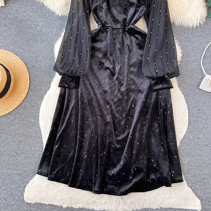 Black Velvet Beaded Dress Sequines  Elegant Dress 1875