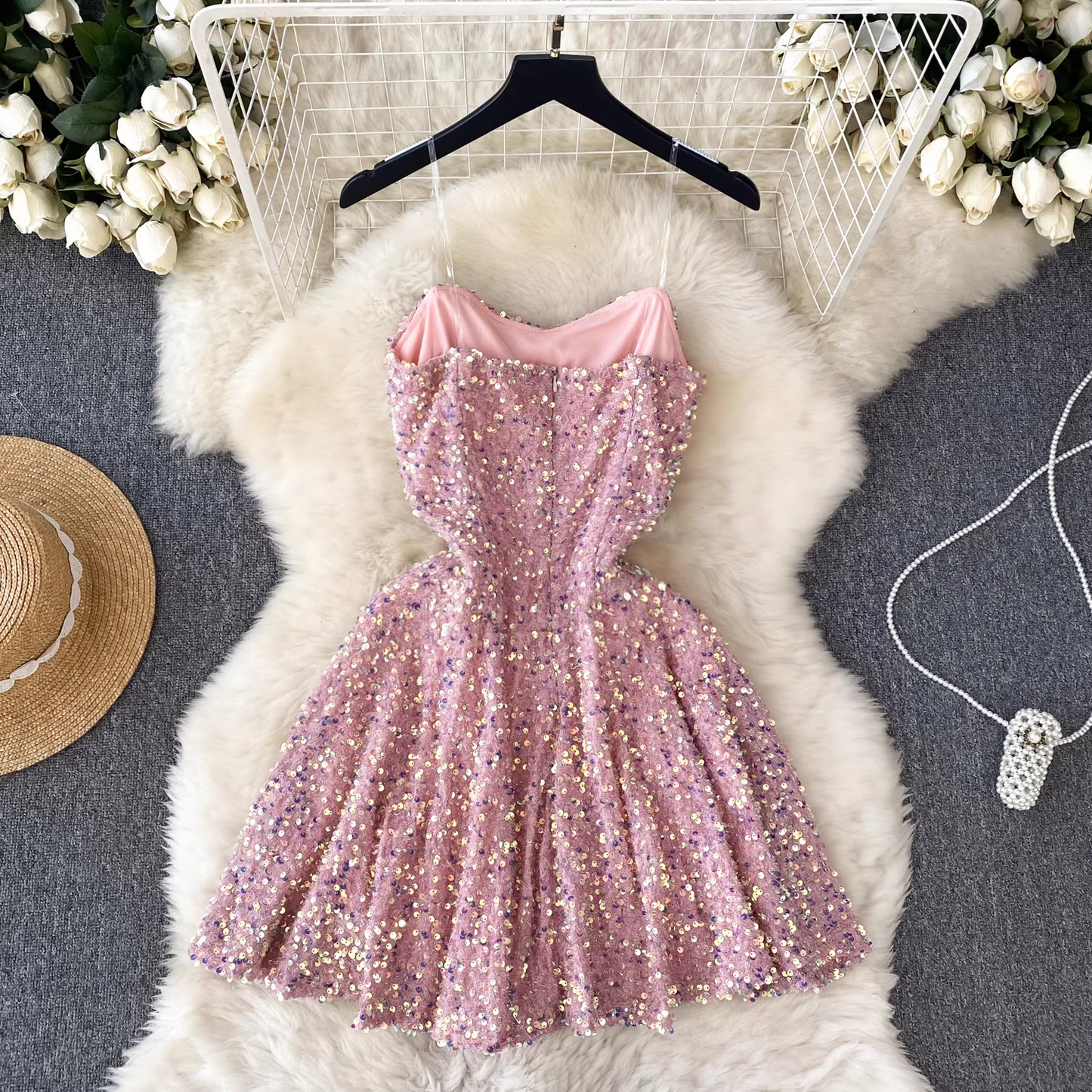 Pink Sequins Spaghetti Strap Short Dress Homecoming Dress 1860