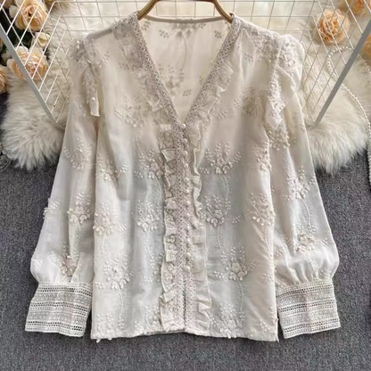 Sweet Embroidered Lace V-Neck French Style Shirt Top 1871