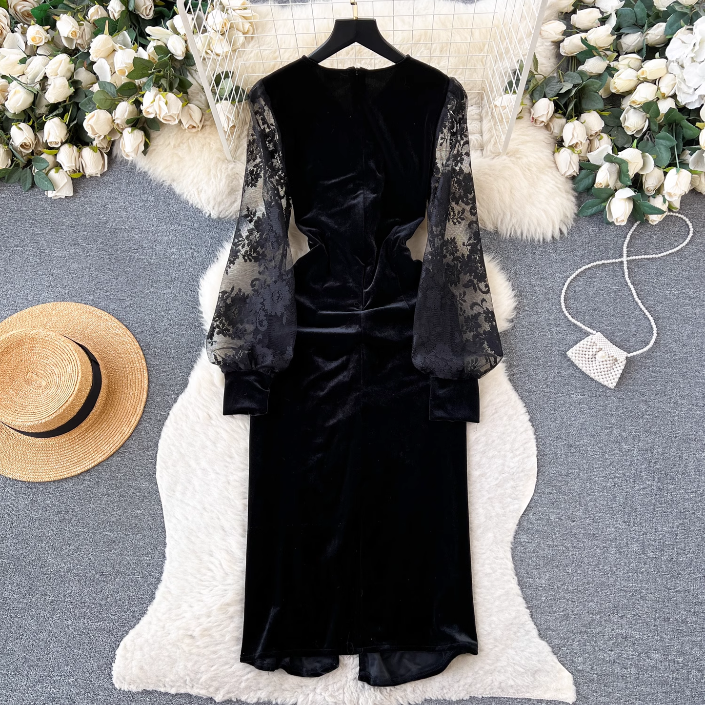 Mesh Lace Long Sleeve Dress Velvet Dress 1877