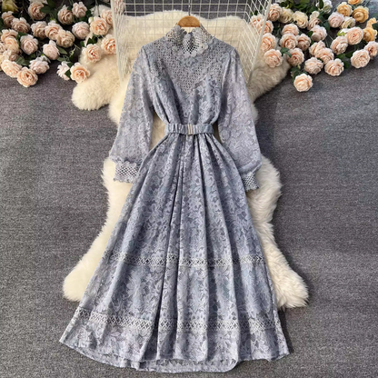Spring and Autumn Round Neck Lace Embroidered Long Dress Elegant Dress 1852