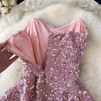 Pink Sequins Spaghetti Strap Short Dress Homecoming Dress 1860