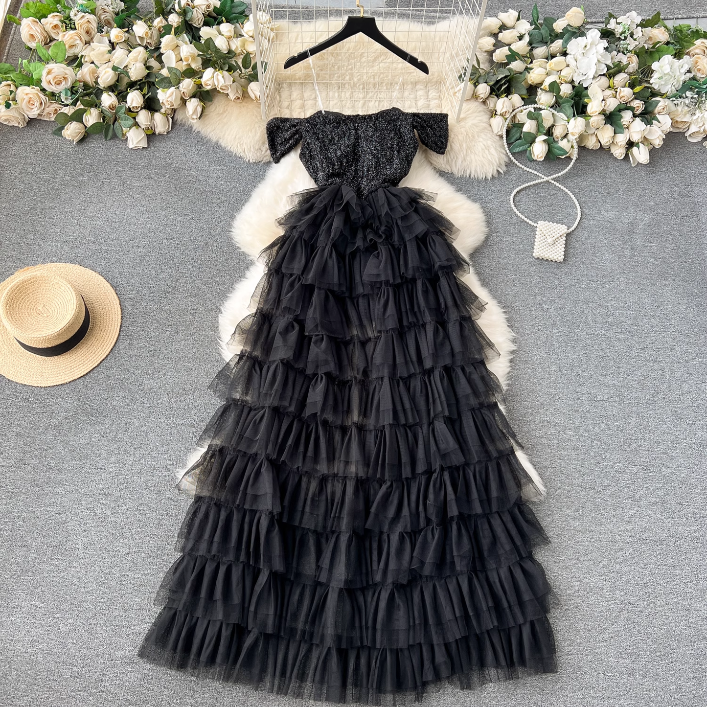 Sequined Mesh Fairy Prom Dress Layered Black Formal Dress 1887