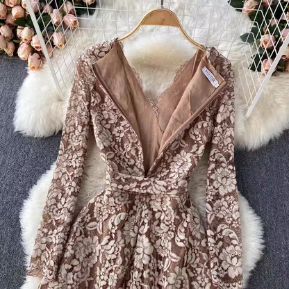 V Neck Autumn Lace Embroidered Floral Dress 1807