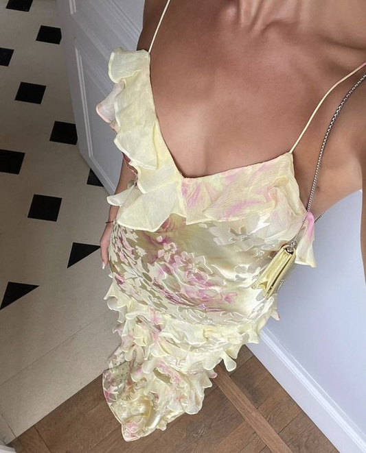 Spaghetti Straps Yellow Sheath Long Prom Dress Ruffled Lace Dress 2027