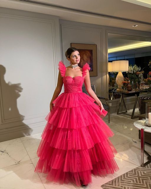 A line Hot Pink Layered  Prom Dresses Tulle Senior Prom Gowns 2114