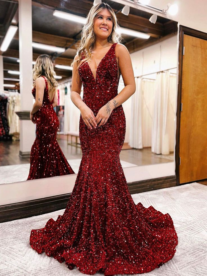 Mermaid V-Neck Sequins Long Prom Dress Sparkling Evening Dress 2106