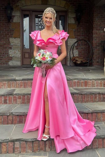 Layered Sleeves A-Line Satin Prom Dresses Pink Slit Evening Gowns 2113