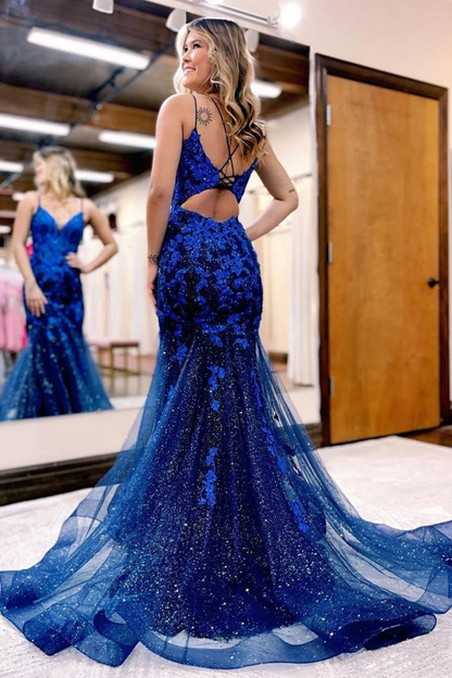 V Neck Royal Blue Mermaid Lace Prom Dresses Formal Evening Dresses 2103