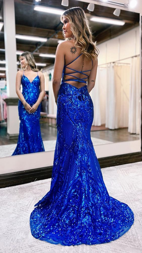 Spaghetti Straps Mermaid V-Neck Long Prom Dress Evening Gown 2101