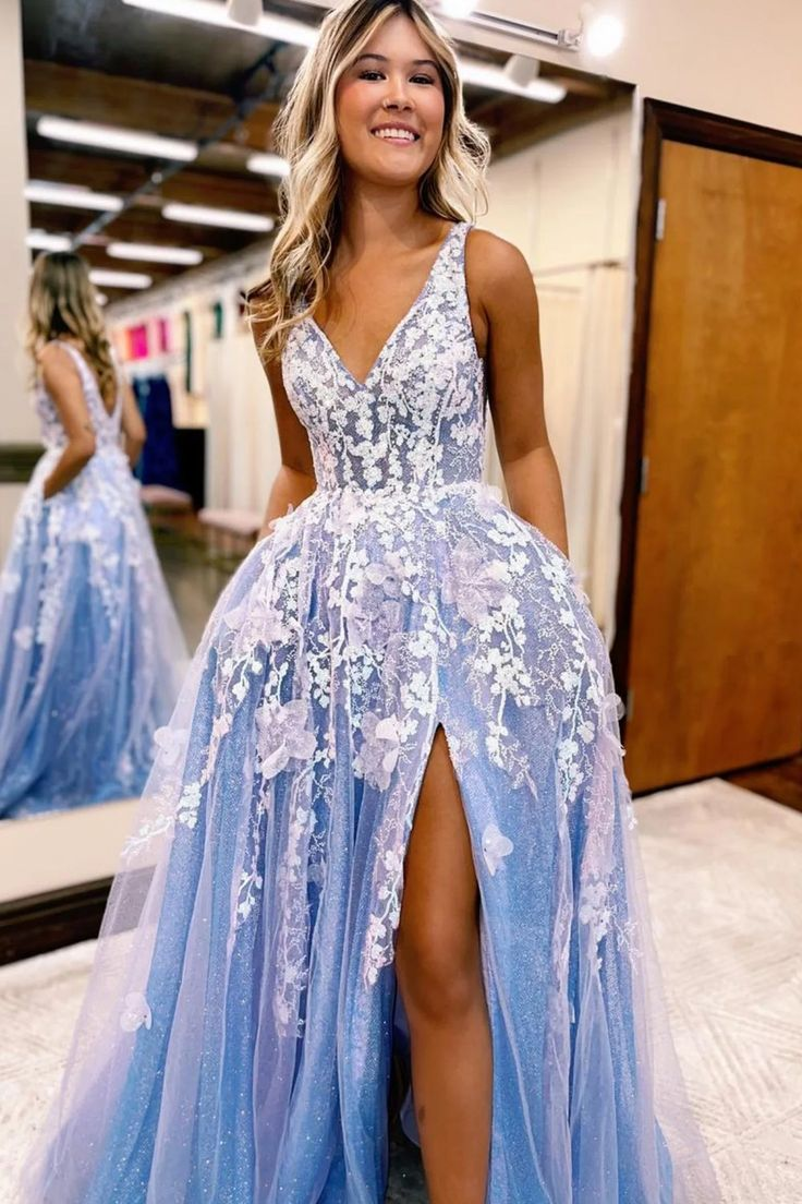 Blue A Line V-Neck Long Prom Dress Slit Applique Evening Dress 2107
