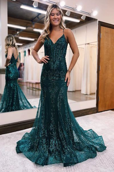 Spaghetti Straps Mermaid Prom Dress Green Formal Evening Dress 2108