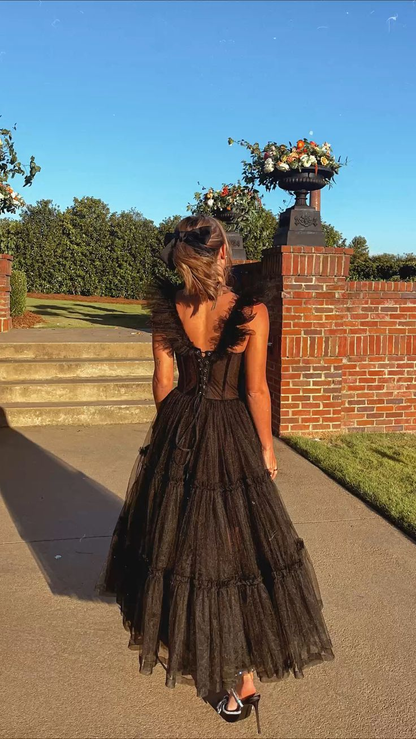 A Line Black Tulle Prom Dresses Senior Prom Gowns 2115