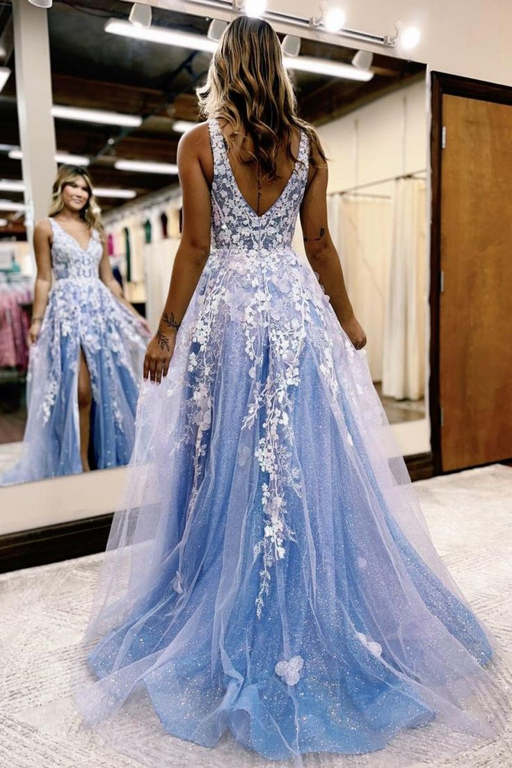 Blue A Line V-Neck Long Prom Dress Slit Applique Evening Dress 2107