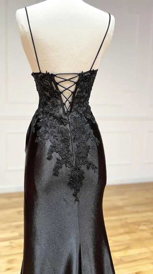 Spaghetti Straps Black V-Neck Slit Long Prom Dress 2102