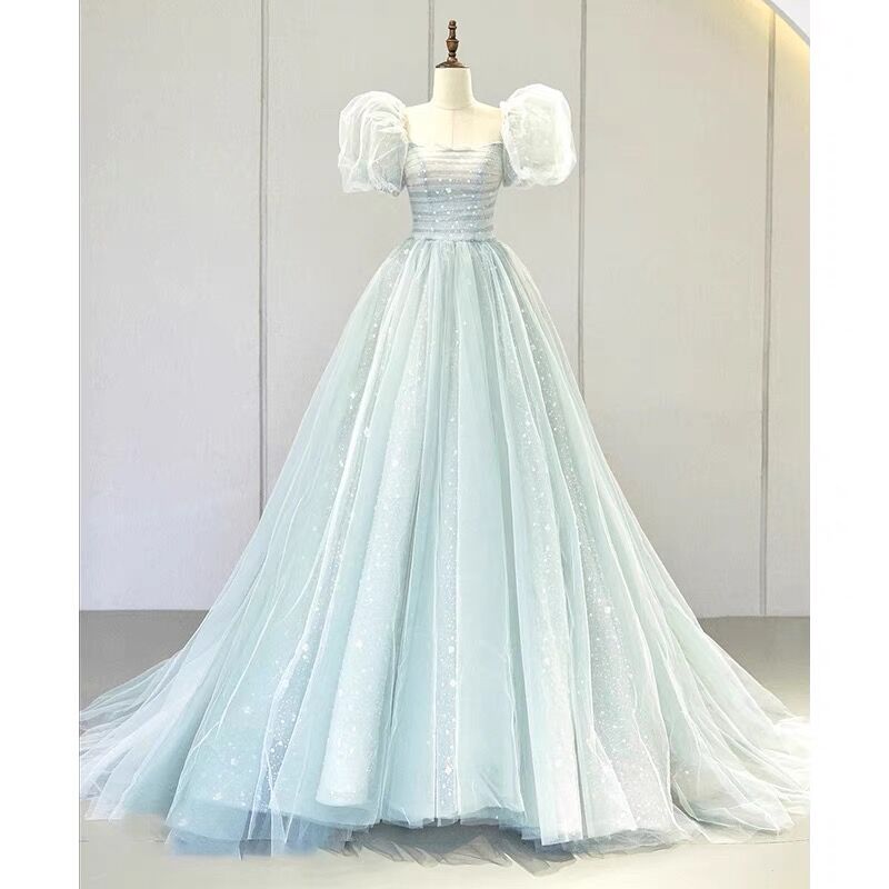 Glamorous Strapless Blue Tulle Sequin Layered Long Birthday Party Dress Prom Gowns SP2076 main image 1