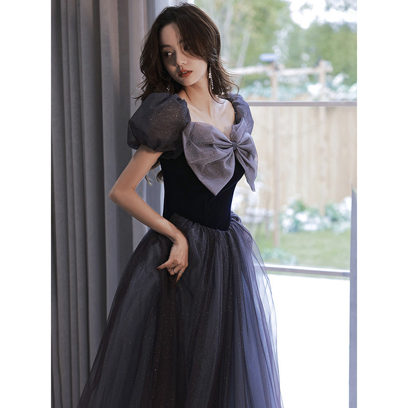 A Line Long Prom Dress Sweet Bow Tie Evening Dress Formal Gown 86