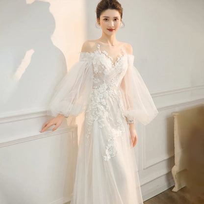Long Sleeves Wedding Dress Fairy Bridal Off Shoulder Prom Dress with Train 38