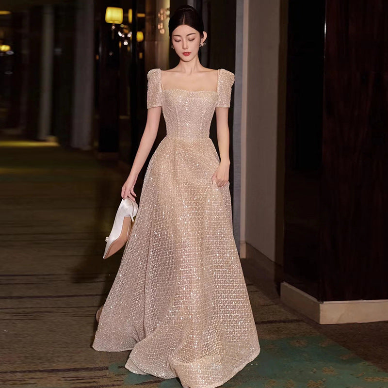 French Short Sleeves Elegant Long Prom Dress Sparkly Evening Dress 36