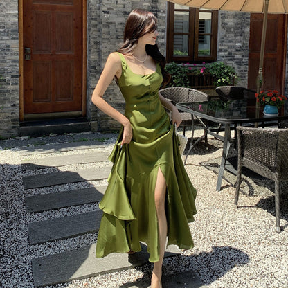 Green women Satin Dress New Mermaid Tail Swing Ruffle Holiday Dress 24