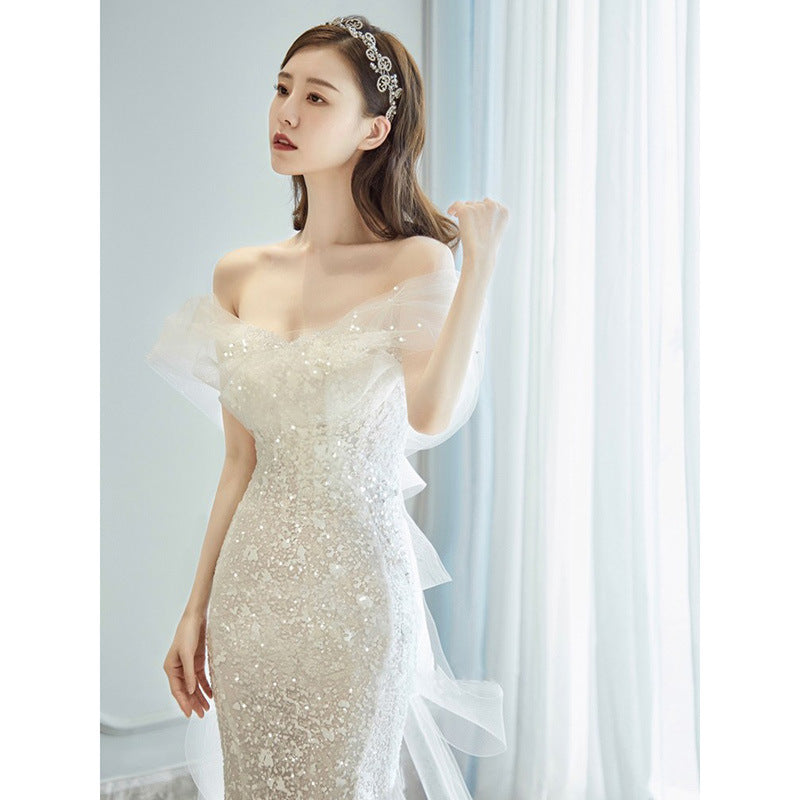 White Off  Shoulder Mermaid Sequins Wedding Dress Sparkly Long Evening Dress 46