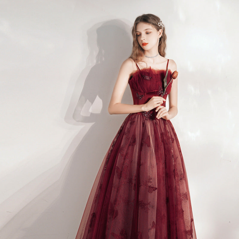 Burgundy Spaghetti Strap Tulle Prom Dress Lace Up Evening Dress 48