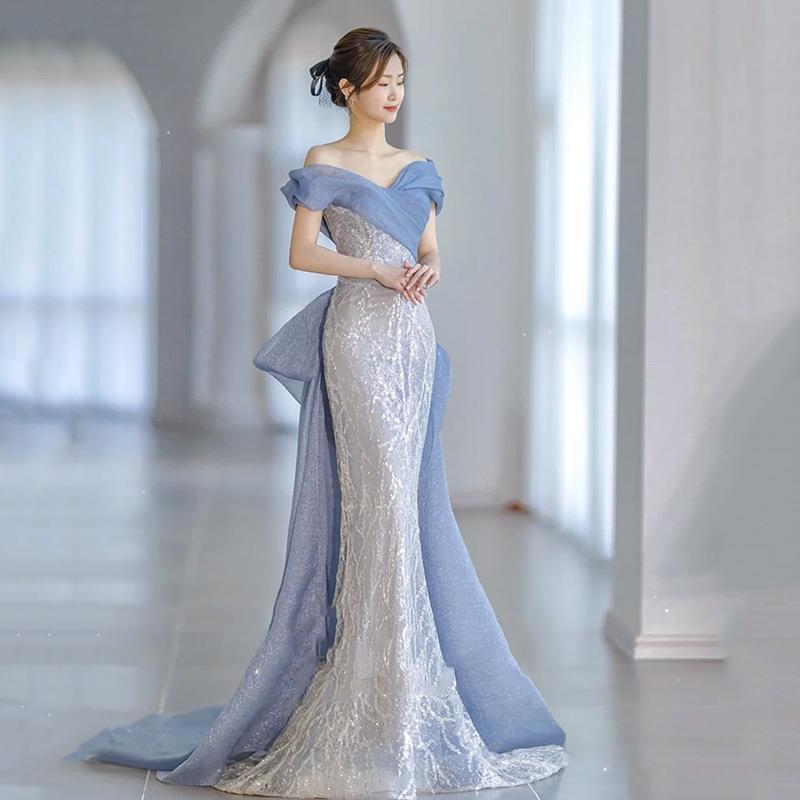 Light Blue Beaded Mermaid Long Prom Dress Off  shoulder Evening  Dress 42