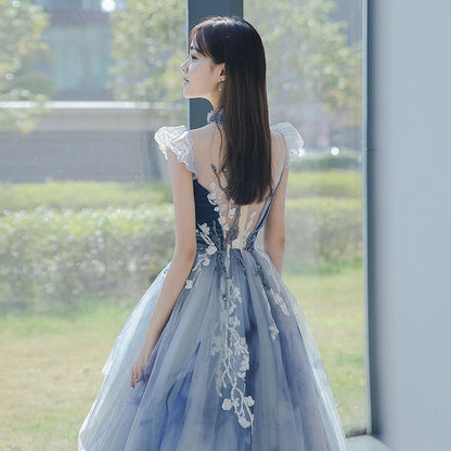 A Line Blue Long Prom Dress Flower Tulle Formal Dress 94