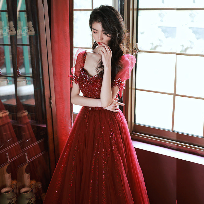 Red Short Sleeves Prom Dress Beaded Long Evening Gown Formal Dress 71