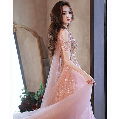 Pink Long Prom Dress Beading Formal Dress with Cap V Neck Evening Dress 76