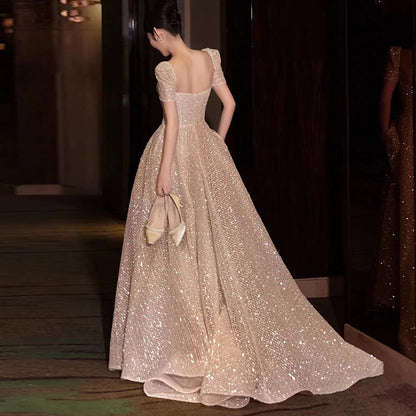 French Short Sleeves Elegant Long Prom Dress Sparkly Evening Dress 36