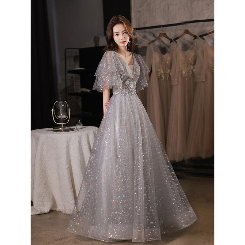 Gray Bling Long Prom Dress Mid Sleeves Sparkly Evening Dress 90