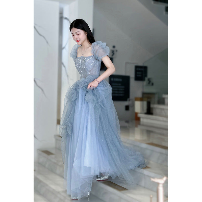 Blue Tulle Princess Ball Gown Puff Sleeves Sweet Evening Dress  92