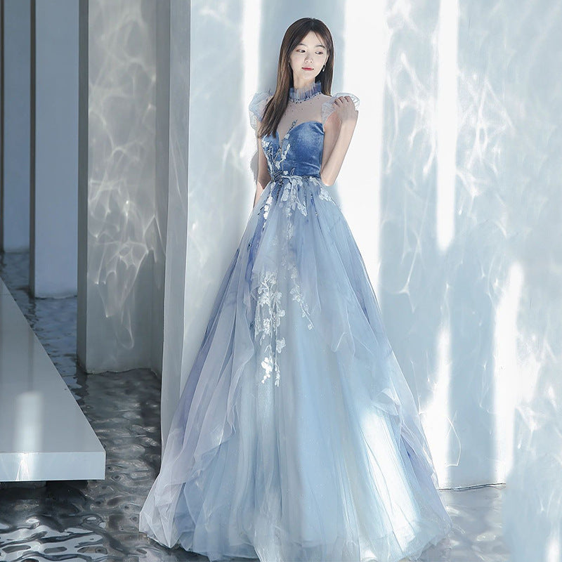 A Line Blue Long Prom Dress Flower Tulle Formal Dress 94 – JulyProm