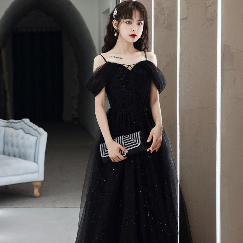 Black Off  Shoulder Long Prom Dress White Tulle Evening Dress 58
