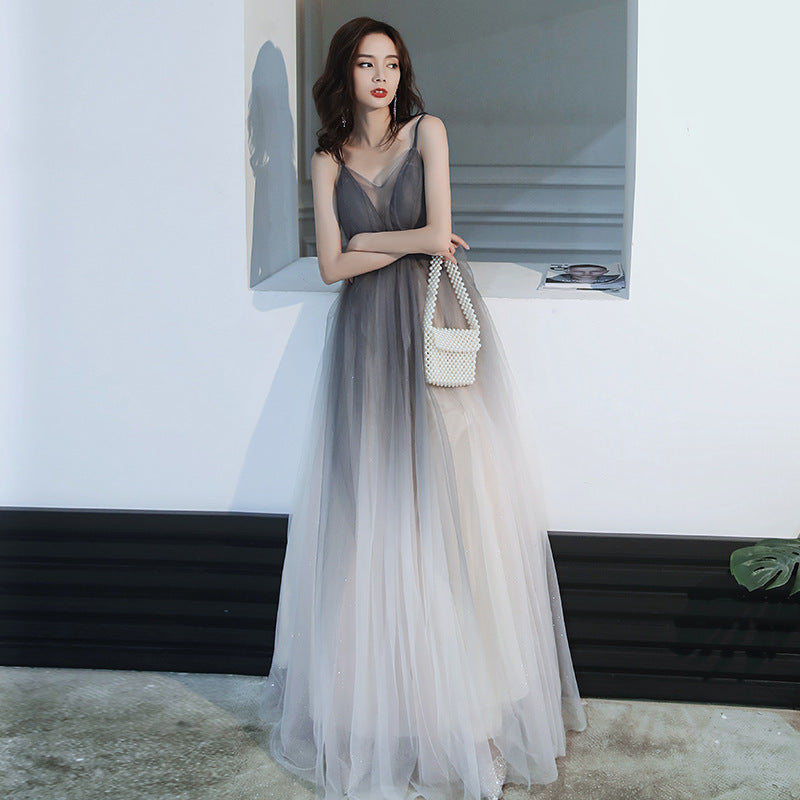 Gray Gradient Tulle Spaghetti Strap Prom Dress Backless Long Evening Dress 52